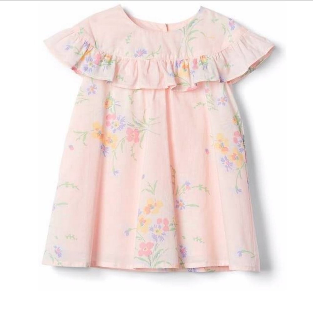GAP BABY GIRL'S PINK FLORAL PRINT CAP SLEEVE RUFFLE LINED DRESS